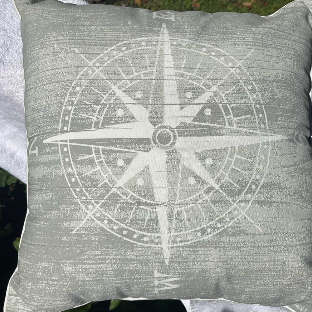 Nautical compass indoor/outdoor pillow white  light gray graphic beach patio 15”